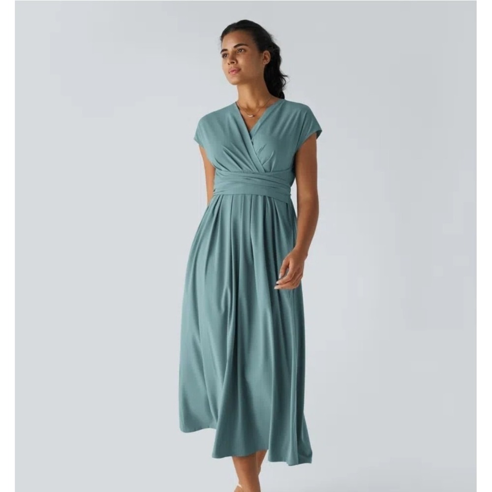 NWT Halara Pantsuit Breezeful V Neck Pocket Short Sl Wide Leg Stone Blue Small S